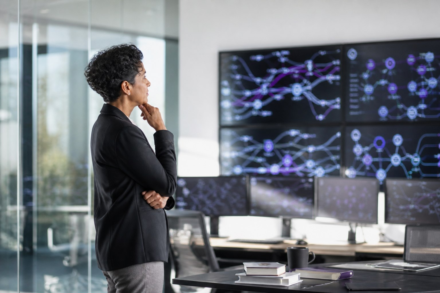 An executive looks at connected system activity across several displays.