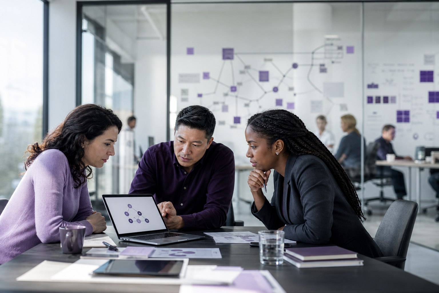 Three business leaders review an AI pilot on a laptop in a busy workspace.
