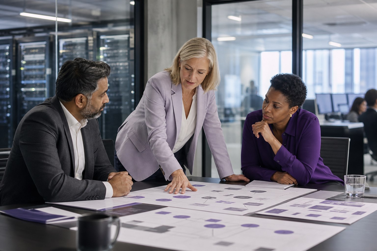 Three senior leaders review continuity diagrams in a meeting room beside visible server racks.