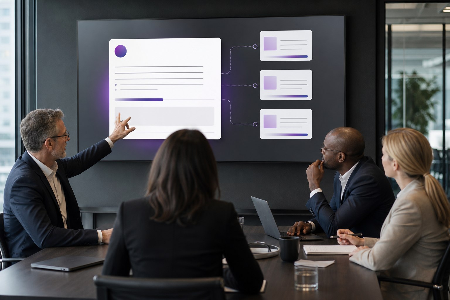 Executive reviewing an AI-generated answer supported by several attributed sources.