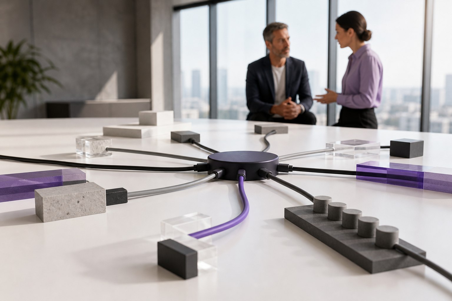 Several cables connect different components to one central hub while two executives talk in the background.