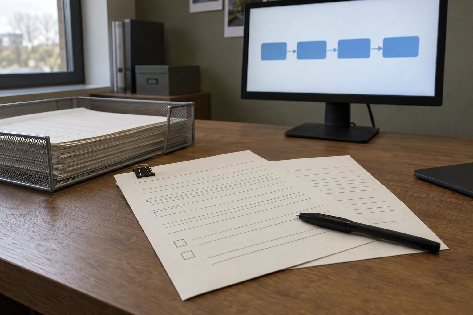 Paper forms and an approval tray fill a desk beside a computer displaying a digital workflow.