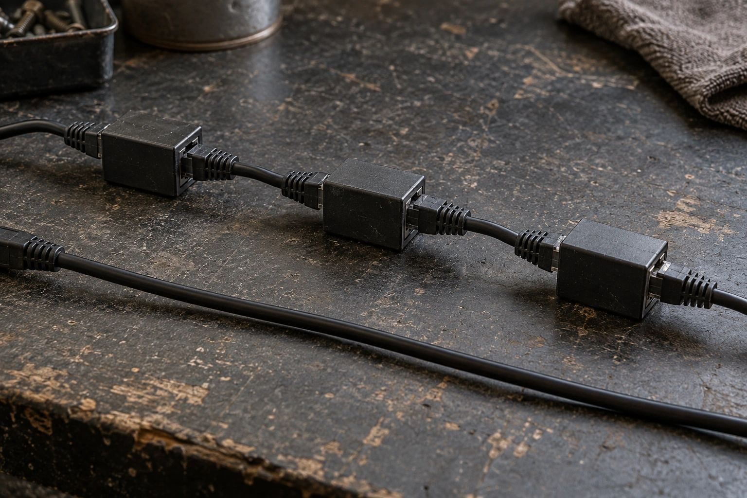 A black network cable passes through three inline couplers beside a simpler direct cable.